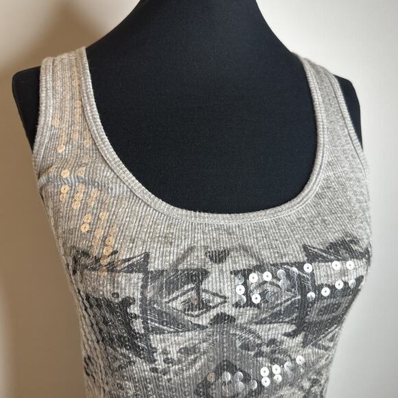 Vintage Almost Famous Sequin Tank Top Gray Y2K Womens XL Aztec Boho Ribbed Party - Picture 7 of 10